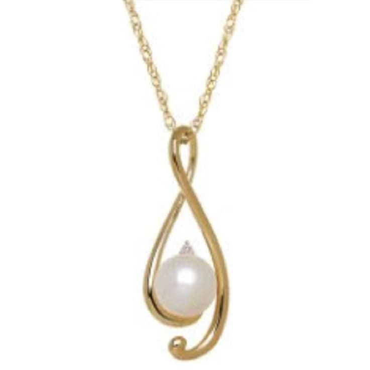8mm Button White Freshwater Pearl and Diamond Accent 10K Yellow Gold
Pendant with Chain