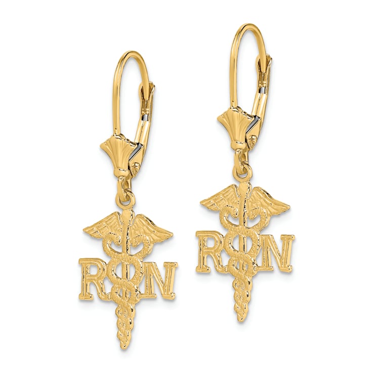 14k Yellow Gold Textured RN Caduceus Earrings