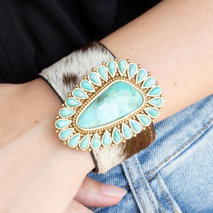 Barse Jewelry Composite Turquoise and Cowhide Gold Tone Cowgirl Up Cuff Bracelet