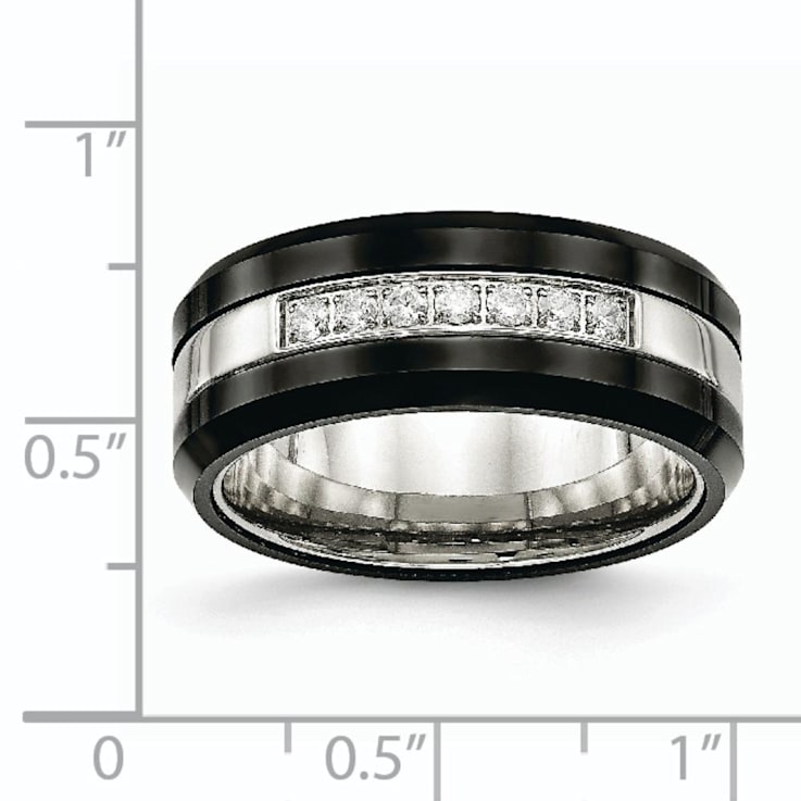 Stainless Steel Polished Black Ceramic CZ Beveled Edge Ring