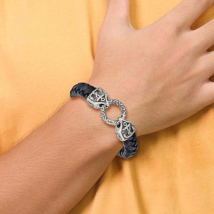 Black and Blue Leather and Stainless Steel Antiqued and Polished
8.25-inch Bracelet
