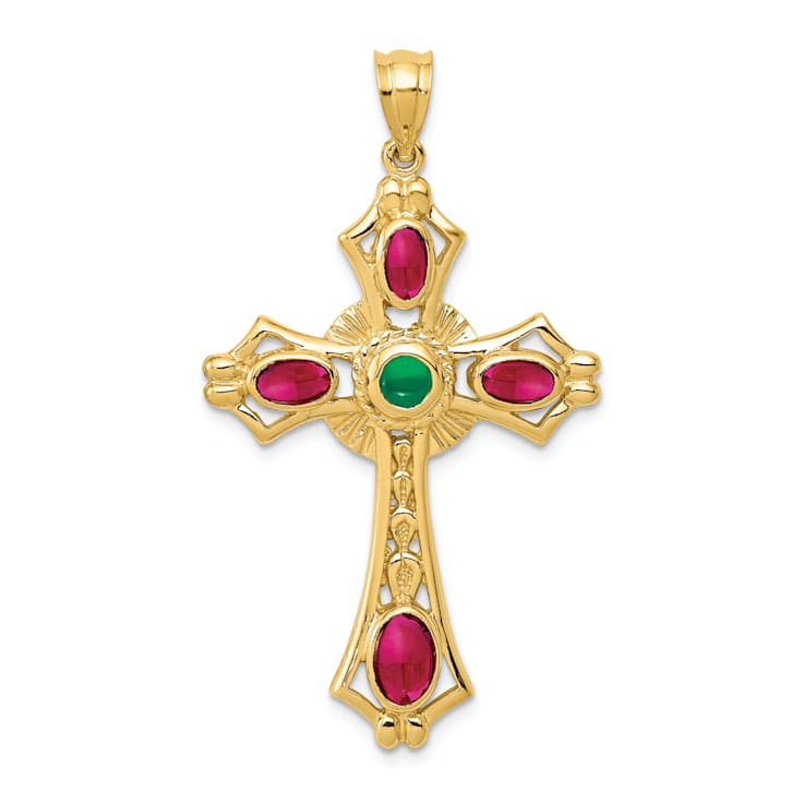 14k Yellow Gold Textured Ruby and Emerald Cabochon Cross Pendant