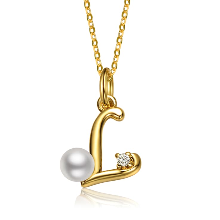 Initial L Pear Shape CZ And Pearl Pendant Necklace In 14K Gold Over Brass