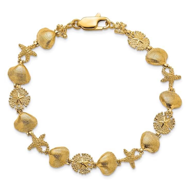 14k Yellow Gold Textured Sand Dolloar, Clam, Starfish Link Bracelet