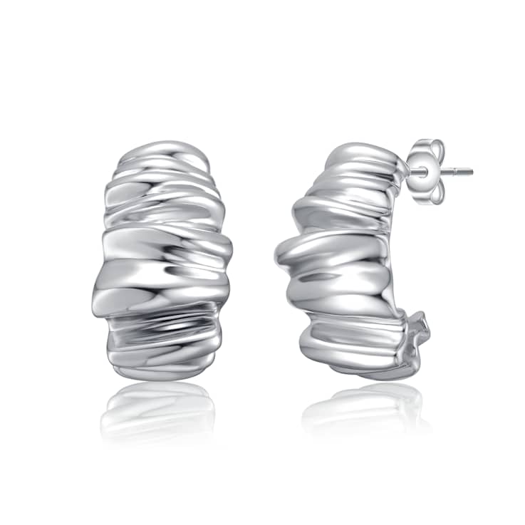 Waffled Wave Drop Earrings In Rhodium Over Brass