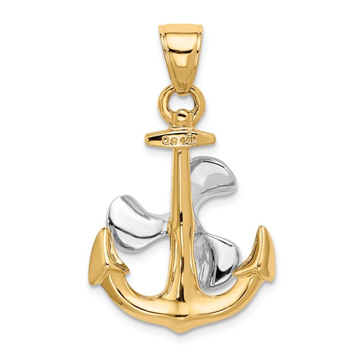 14K Two-tone Gold  3D Anchor with Moveable Propeller Pendant