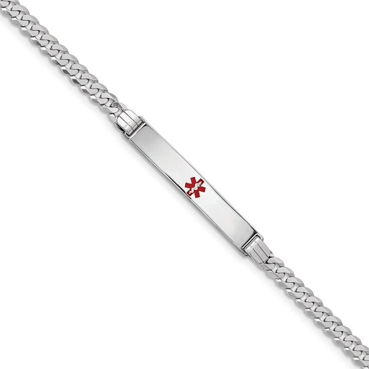 Rhodium Over 14k White Gold Medical Red Enamel Flat Curb Link ID Bracelet