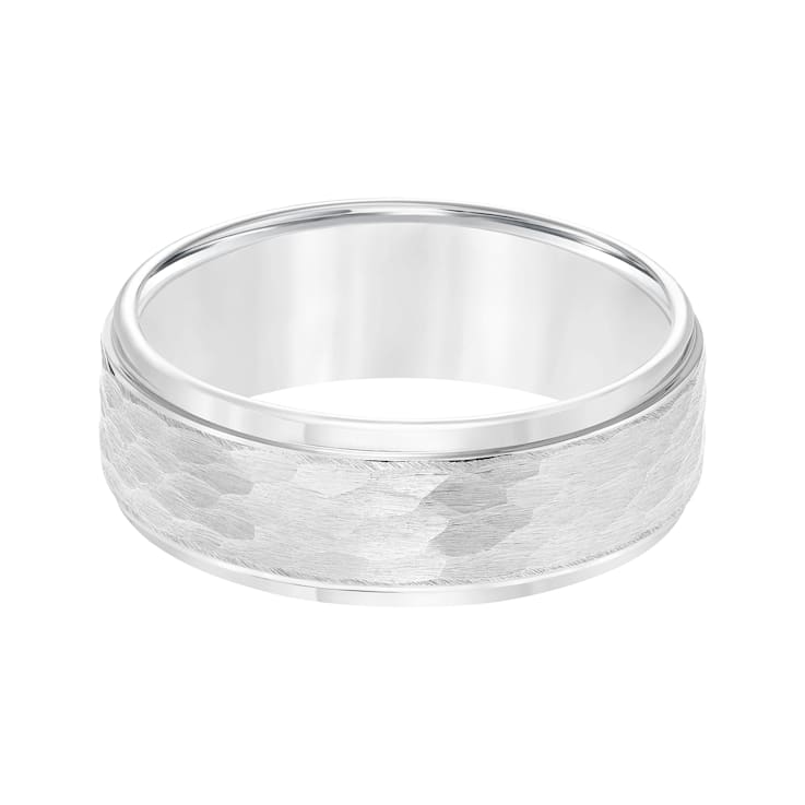 8mm Step-Edge Comfort Fit Band in White Tungsten Carbide with Hammered Finish