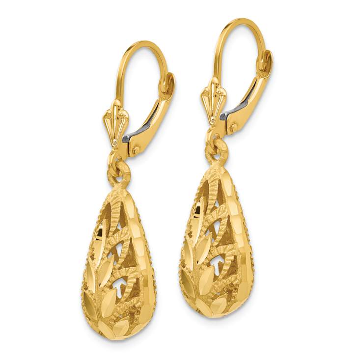 14k Yellow Gold Polished, Satin and Diamond-Cut Teardrop Dangle Earrings