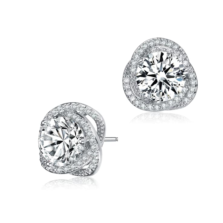 CZ Swirl Halo Stud Earrings In Sterling Silver