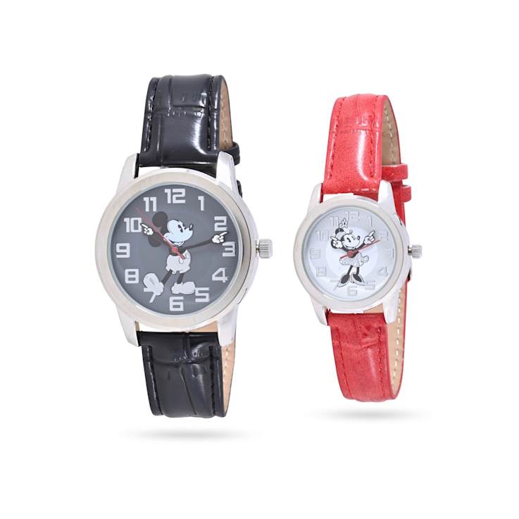 Disney Mickey and Minnie His Black Band and Hers Red Band Watches Set of 2