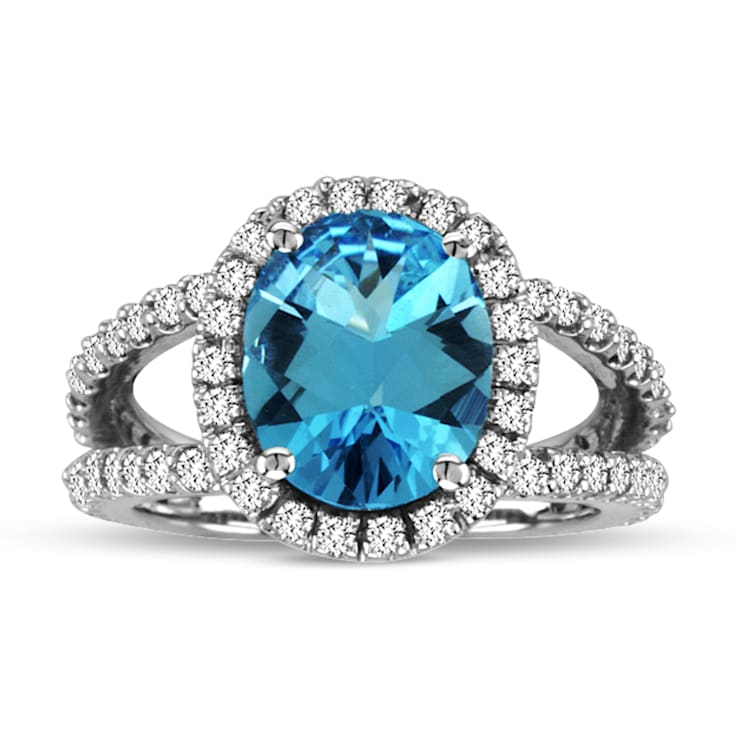 Blue Topaz and Diamond 14k White Gold Halo Split Shank Ring 4.00ctw