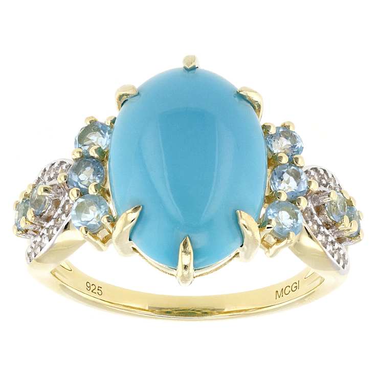Turquoise With Blue Topaz And White Zircon Ring In 18K Gold Over
Sterling Silver 0.68ctw