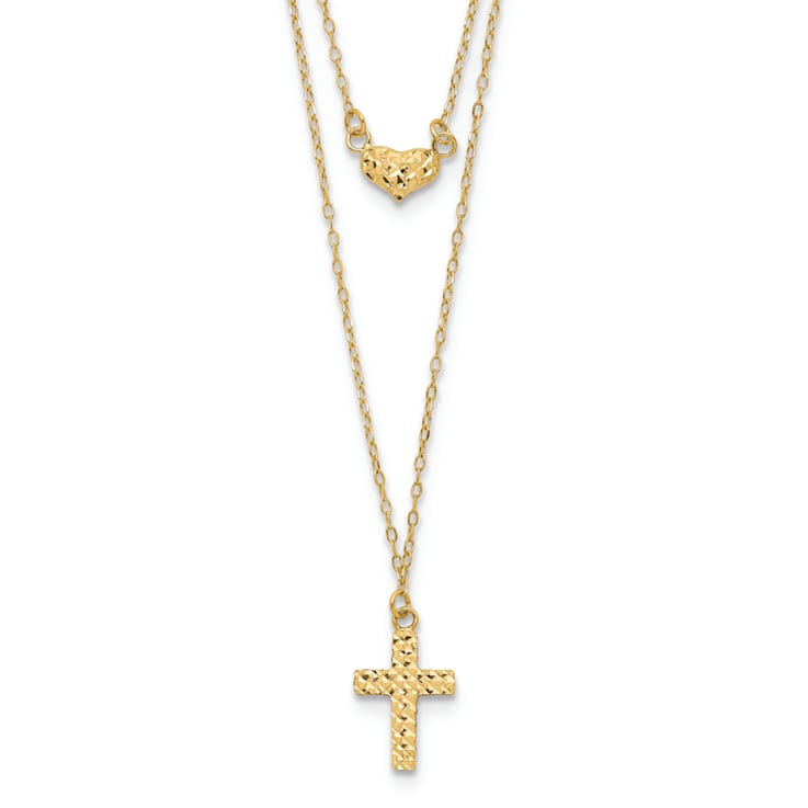 14K Yellow Gold Polished 2-Strand Diamond-cut Cross and Heart with
2-inch Extension Necklace