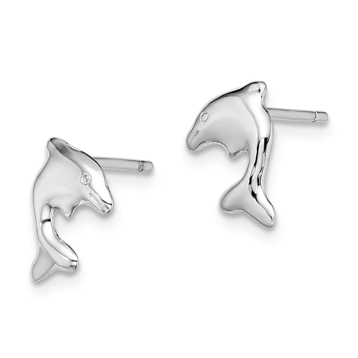 Rhodium Over Sterling Silver Dolphin Stud Earrings