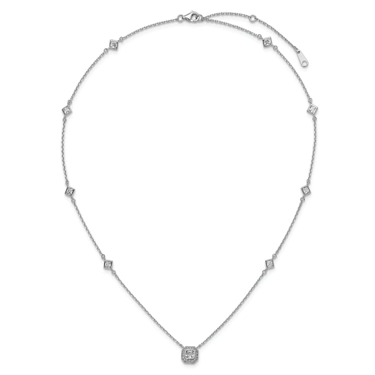 Rhodium Over Sterling Silver Polished Fancy Cubic Zirconia Station With
2 Inch Extension Necklace