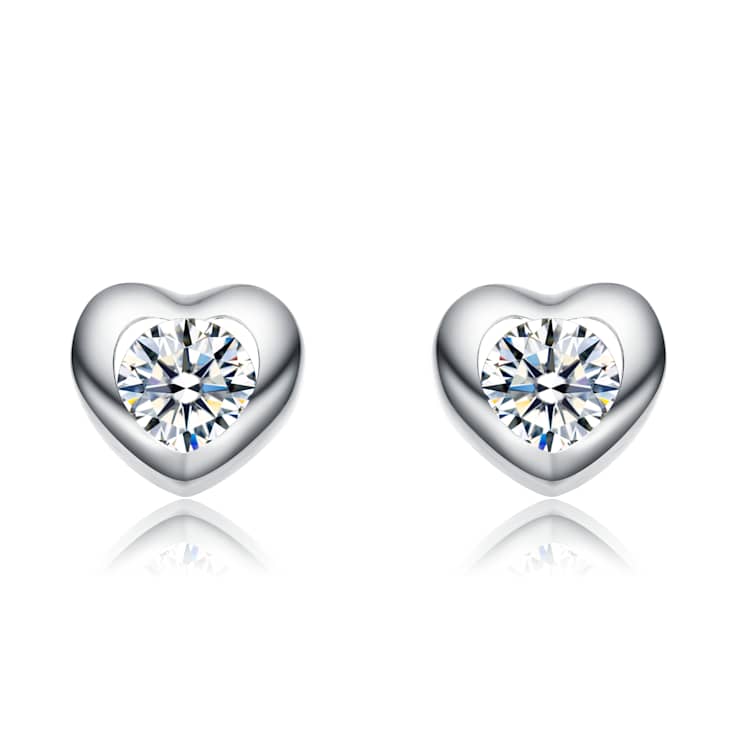 Heart CZ Stud Earrings In White Rhodium Over Brass