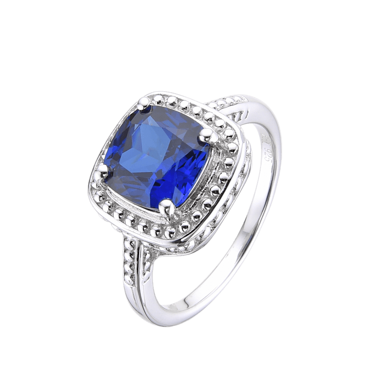 Blue Lab Created Sapphire Square Cushion Rhodium Over Sterling Silver
Solitaire Beaded Halo Ring