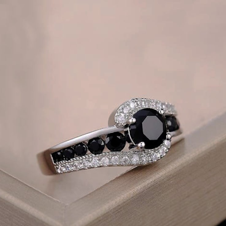 Black Spinel And White Topaz Accents Rhodium Over Sterling Silver Bypass Ring