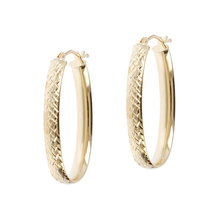 14K Yellow Gold Diamond  Cut 1" Oval Hoop Earrings