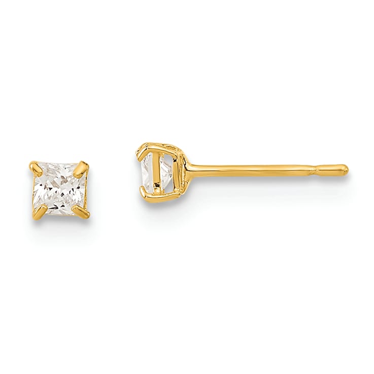 14K Yellow Gold 2.5mm Square Cubic Zirconia Basket Set Stud Earrings