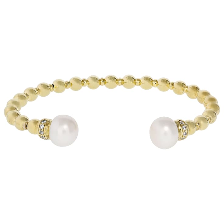Freshwater Pearl And CZ Cuff Bangle In 18K Gold Over Bronze