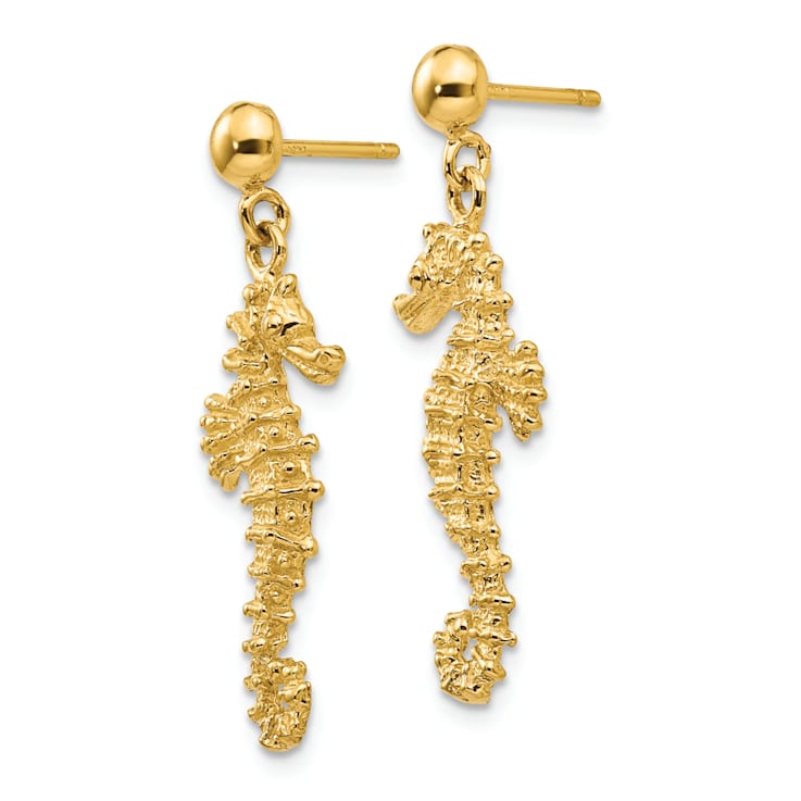 14k Yellow Gold Textured Large Seahorse Dangle Earrings