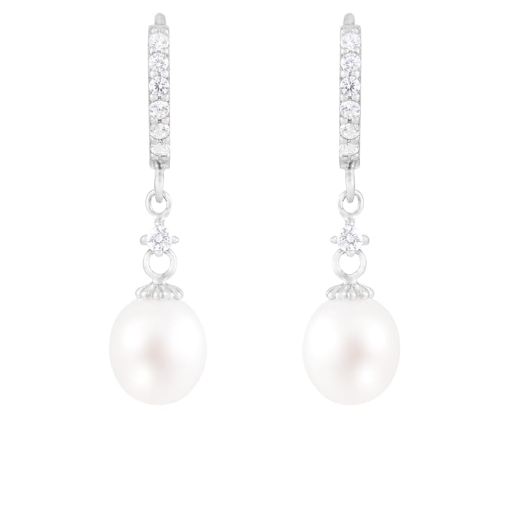 7-8mm White Cultured Freshwater Pearl and Cubic Zirconia Rhodium Over
Sterling Silver Earrings