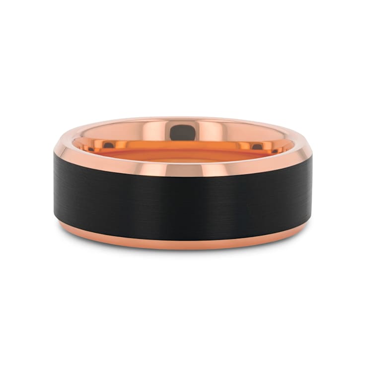HAYDEN Rose Gold Plated Tungsten Polished Beveled Ring with Brushed
Black Center 8mm