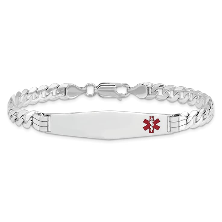 Rhodium Over 14k White Gold Medical Soft Diamond Shape Red Enamel Flat
Curb Link ID Bracelet