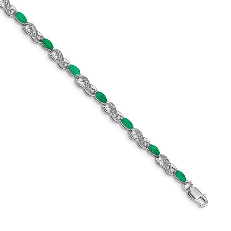 Rhodium Over 14k White Gold Diamond and Emerald Infinity Bracelet