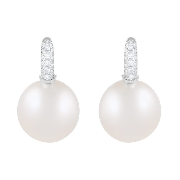 12-13mm White South Sea pearl earrings in 14k white gold with .17CT DTW