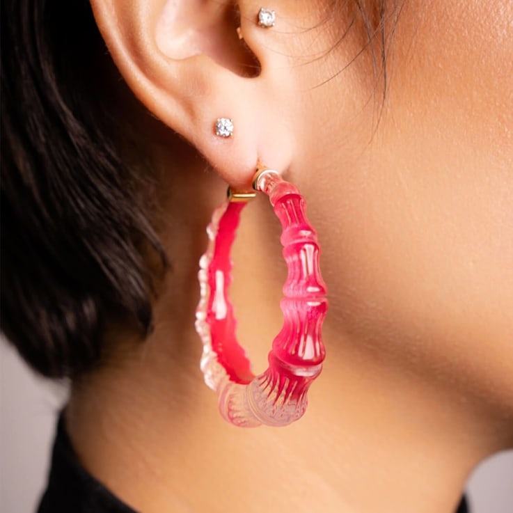 14K Yellow Gold Over Sterling Silver Acrylic and Hand Painted Enamel
Bamboo Illusion Hoops in Pink