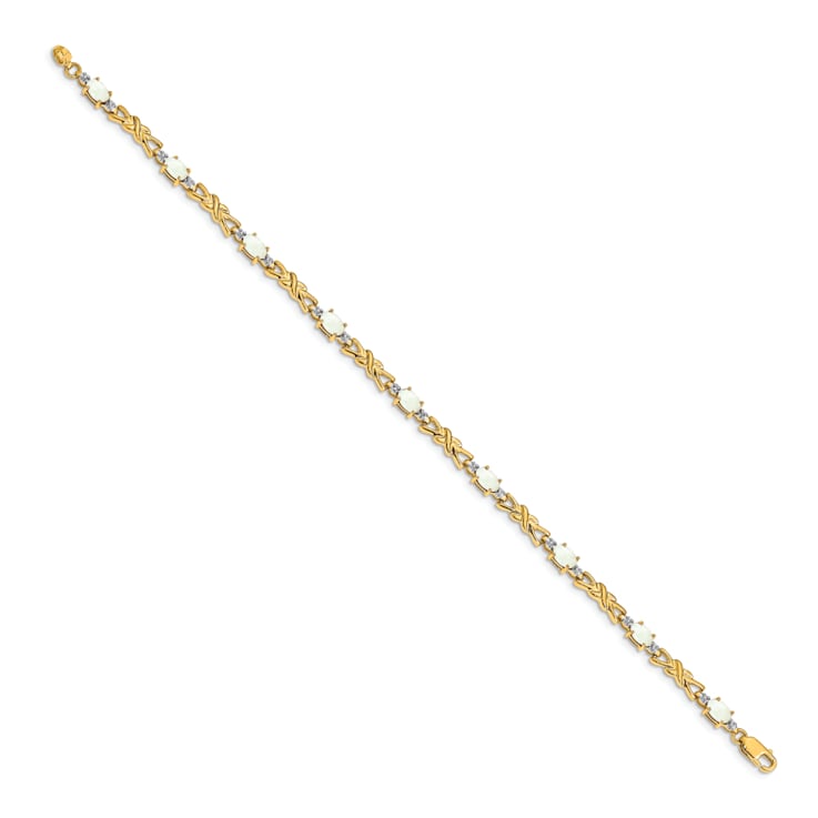 14k Yellow Gold and Rhodium Over 14k Yellow Gold Diamond and Oval Opal Bracelet
