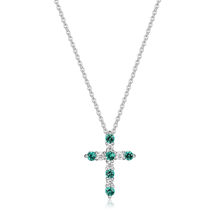 Green Lab Created Emerald Rhodium Over Sterling Silver Cross Necklace