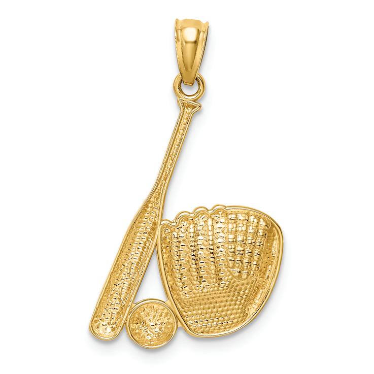 14k Two-tone Gold Textured Baseball Glove Bat Ball Pendant