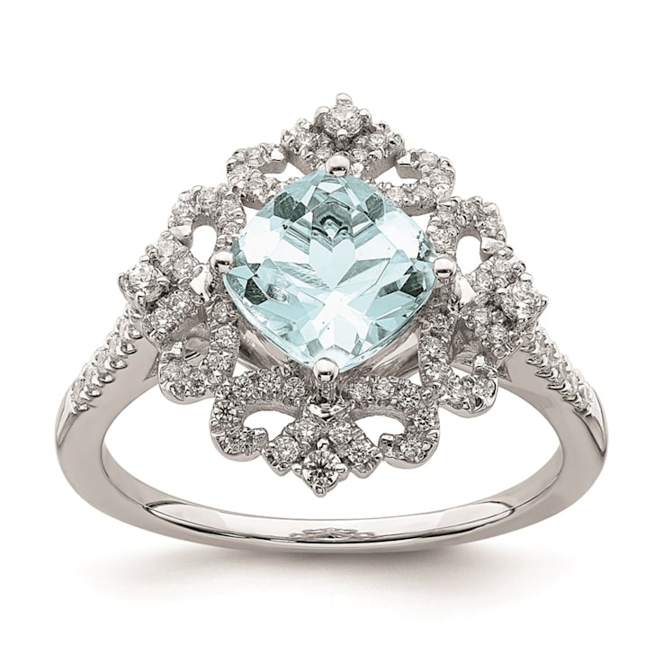 Rhodium Over 14K White Gold Aquamarine Vintage Diamond Halo Engagement Ring