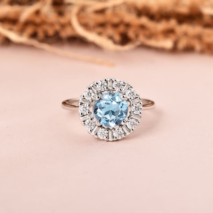 Blue Topaz with Moissanite Accents Sterling Silver Halo Ring