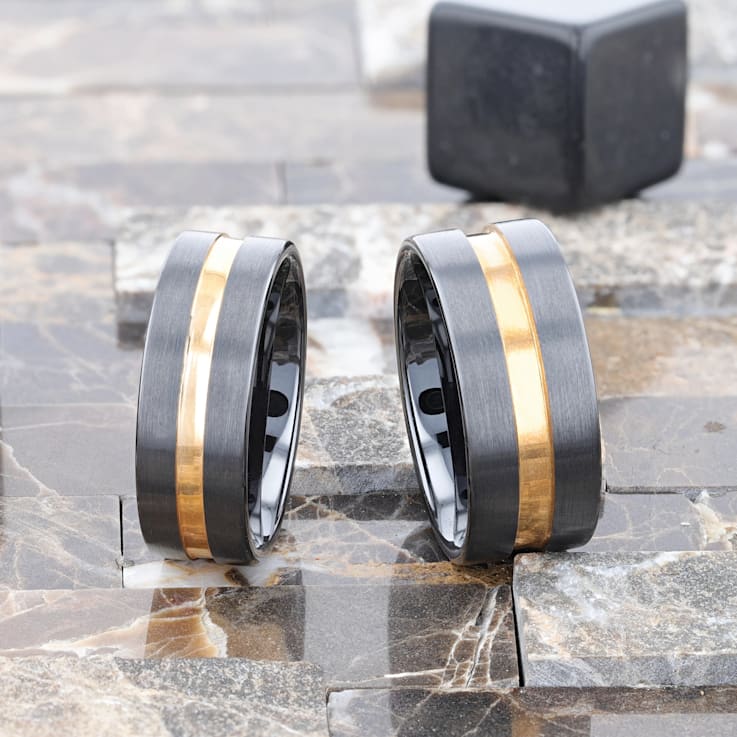 VIVALDI Black Ceramic Wedding Band With Yellow Gold Groove 8mm