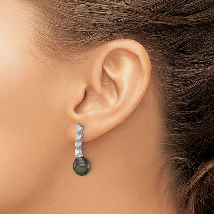 Rhodium Over Sterling Silver 9-10mm Tahitian Pearl and Cubic Zirconia
Post Dangle Earrings