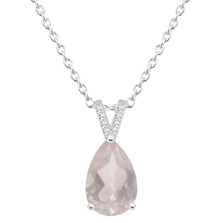 12x8mm Pear Shape Rose Quartz With Diamond Accents Rhodium Over Sterling
Silver Pendant with Chain