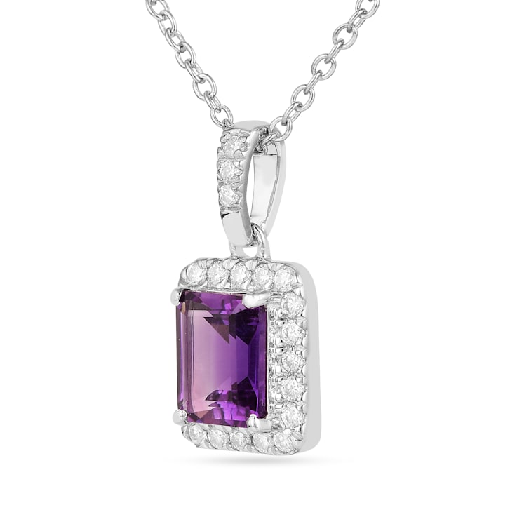 Amethyst with Moissanite Accents Rhodium Over Sterling Silver Halo
Pendant with Chain