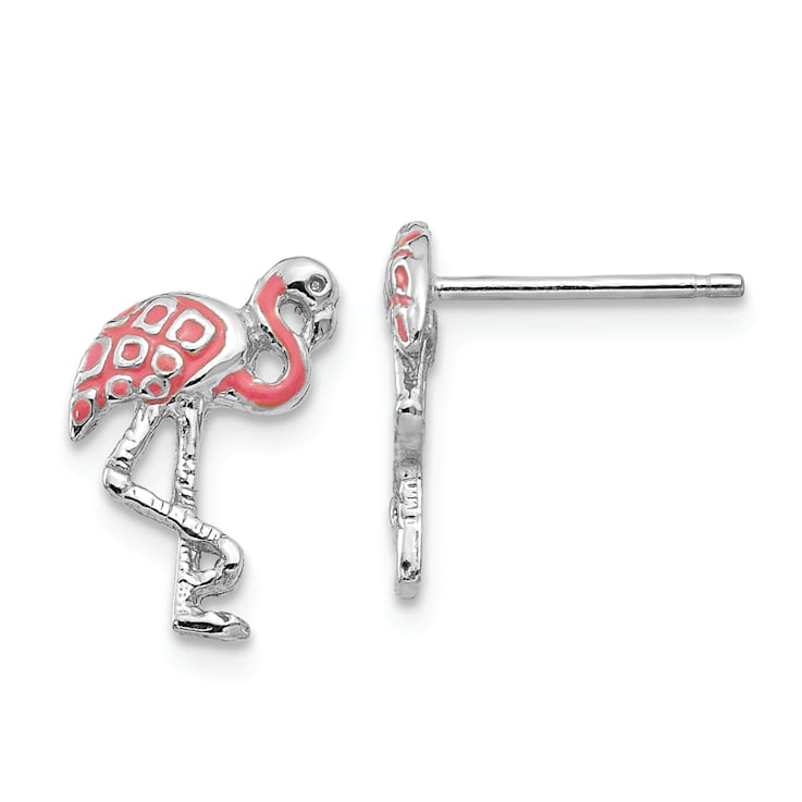 Rhodium Over 14k White Gold Textured Pink Enameled Flamingo Stud Earrings