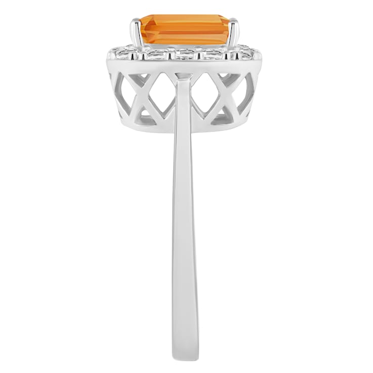 8x6mm Emerald Cut Citrine And White Topaz Accents Rhodium Over Sterling
Silver Halo Ring