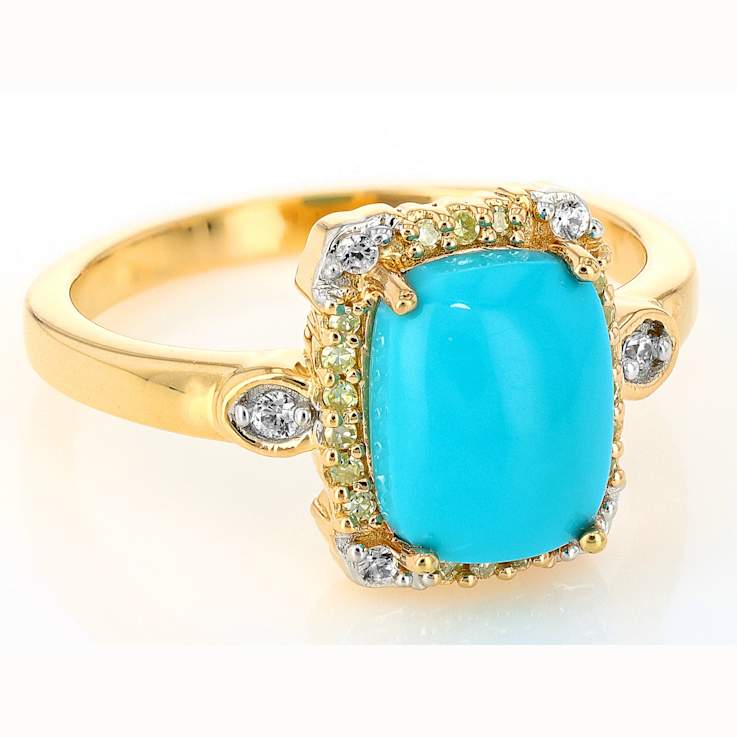 Turquoise With White Zircon And Yellow Diamond Ring In 18K Gold Over
Sterling Silver 0.13ctw