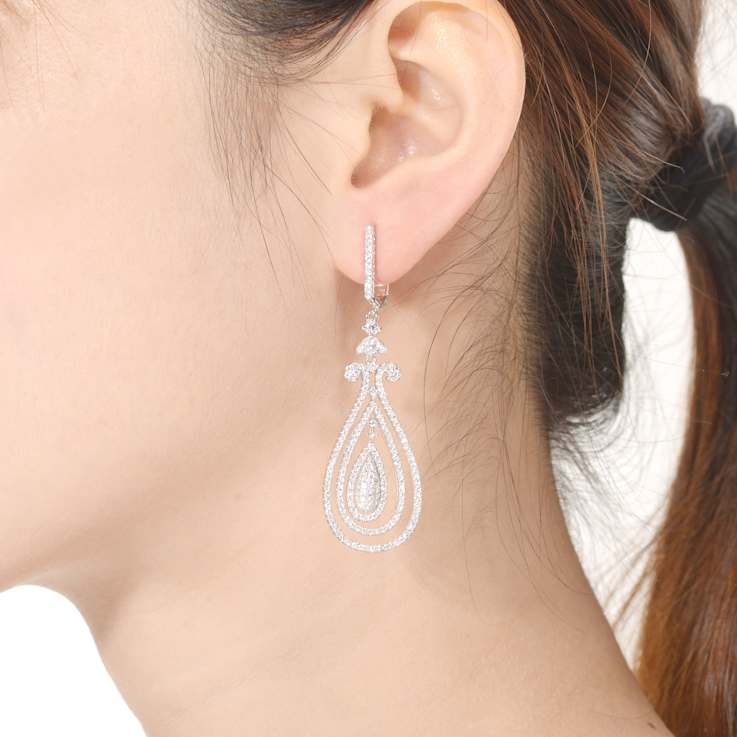 CZ Triple Outline Teardrop Drop Earrings In Sterling Silver