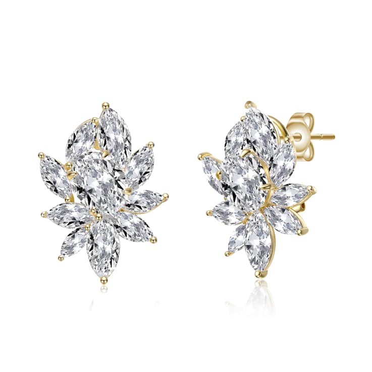CZ Corsage Flower Cluster Stud Earrings In 14K Gold Over Sterling Silver