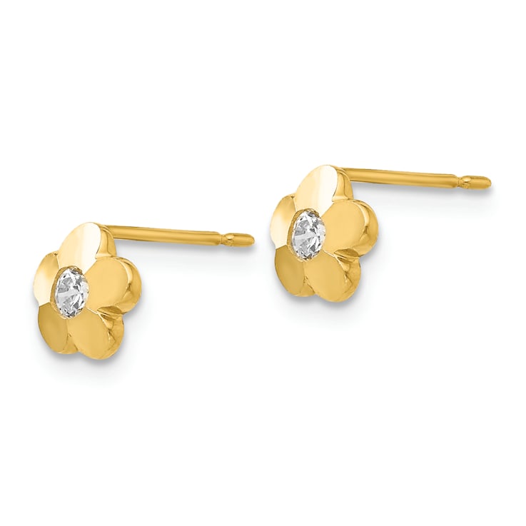 14K Yellow Gold Cubic Zirconia Diamond-cut Children's Flower Post Earrings