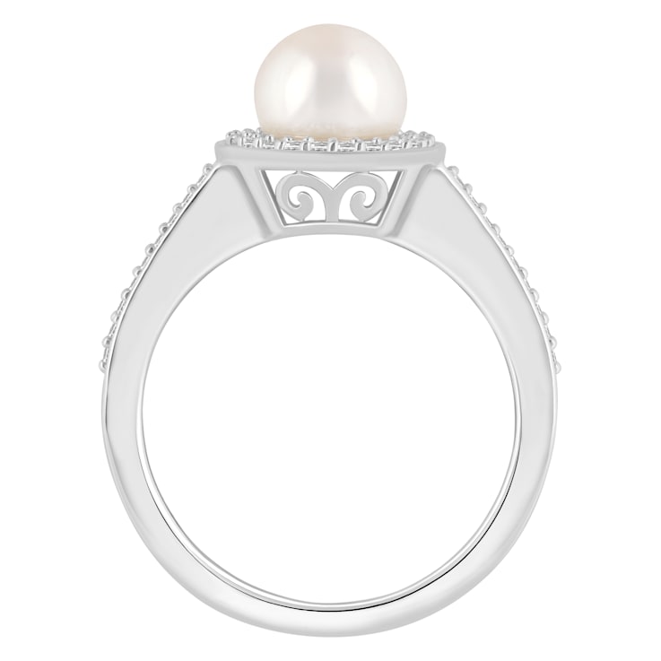 7mm Round Cultured Freshwater Pearl 1/5 ctw Diamond Rhodium Over
Sterling Silver Halo Ring