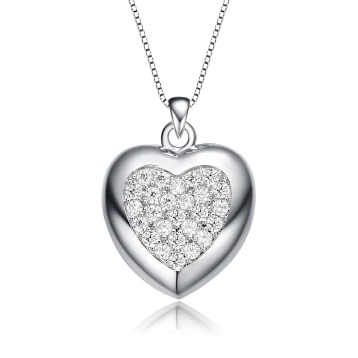 Pave CZ Heart Pendant Necklace In White Rhodium Over Brass